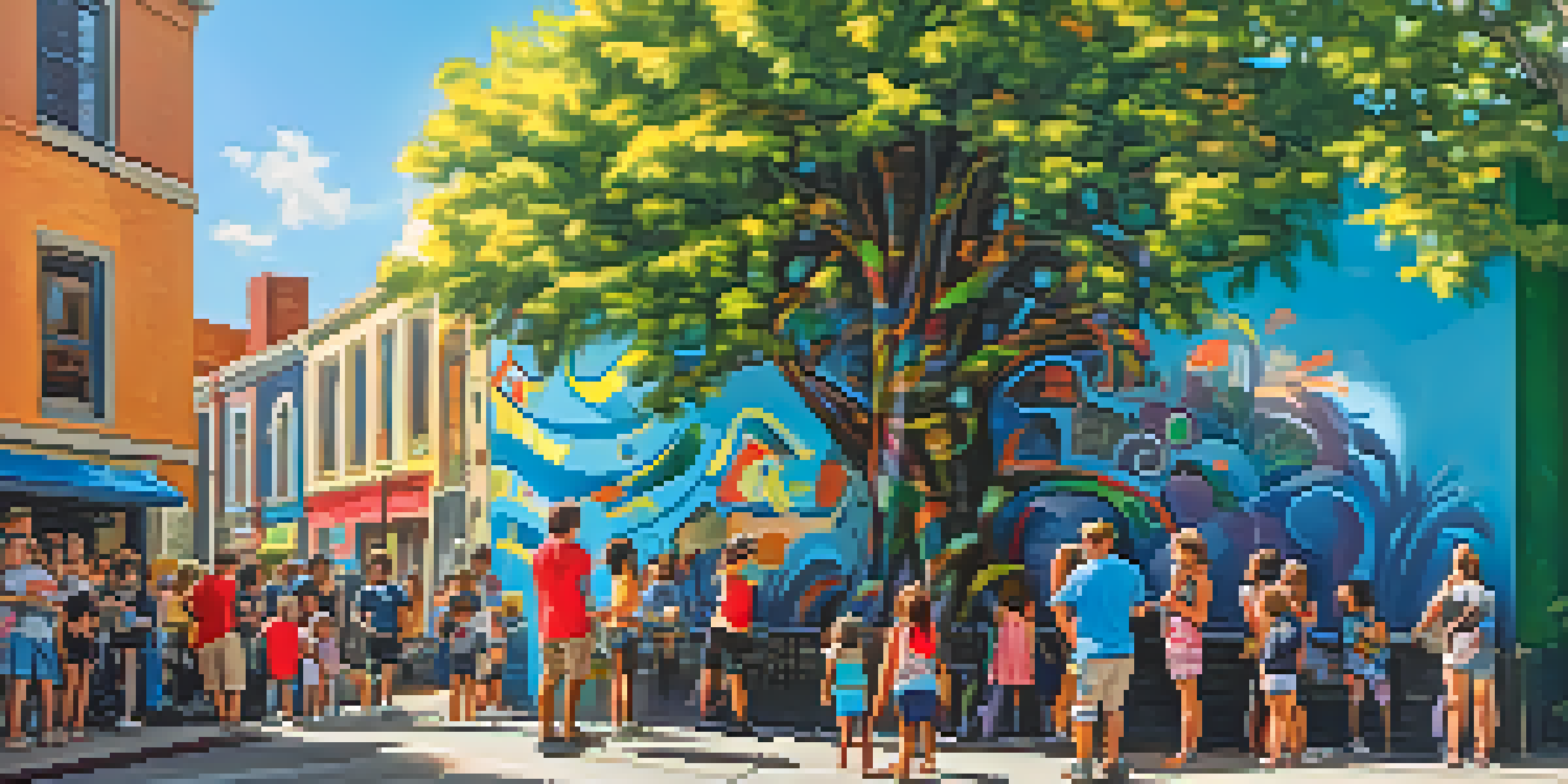 A colorful street art festival with artists painting murals, families and children participating, and bright sunlight creating a lively atmosphere.