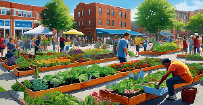 A lively street scene with tourists and locals working together in a community garden, planting flowers and vegetables.