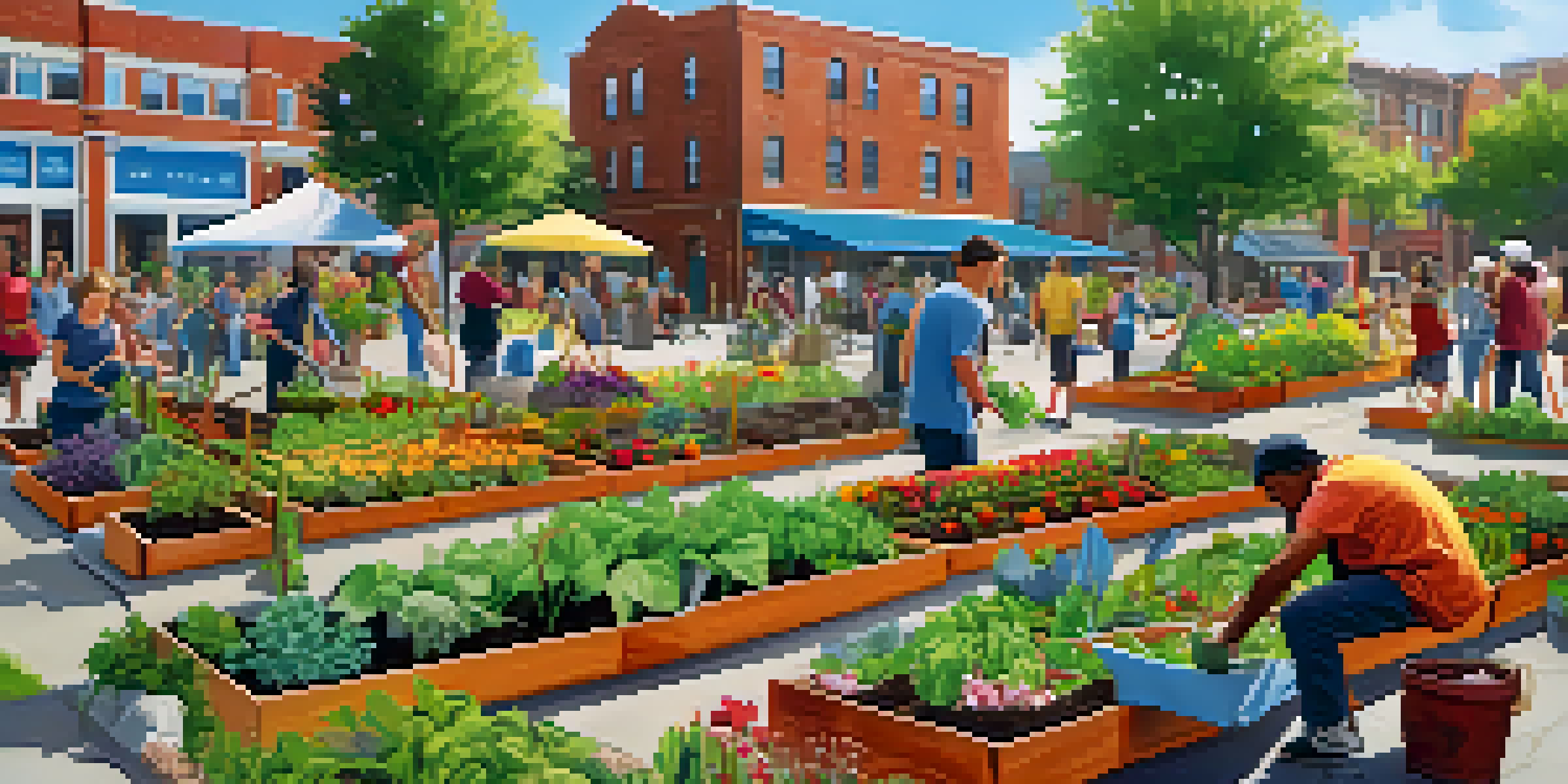 A lively street scene with tourists and locals working together in a community garden, planting flowers and vegetables.