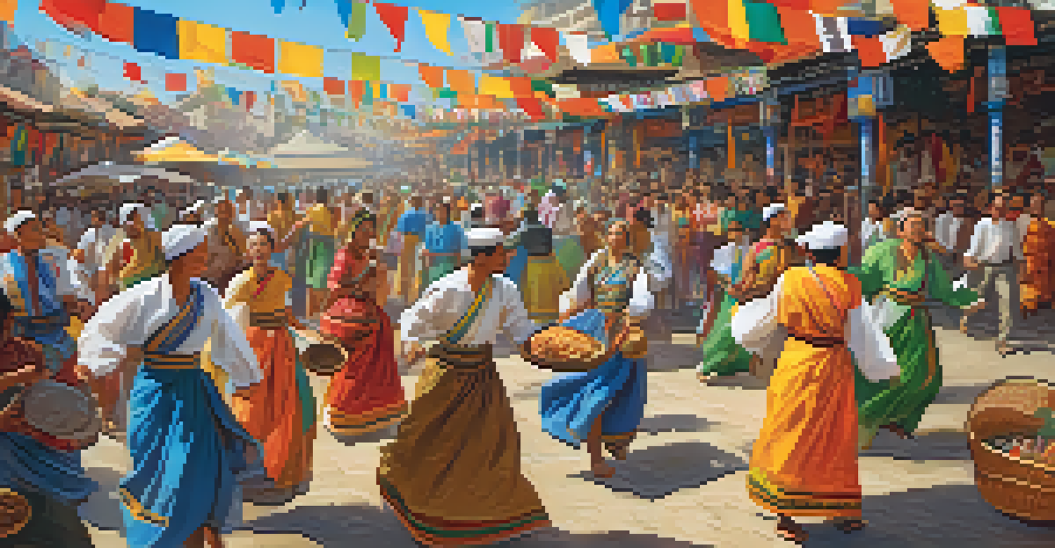 A diverse group of people celebrating at a cultural festival with traditional clothing, music, and food stalls.