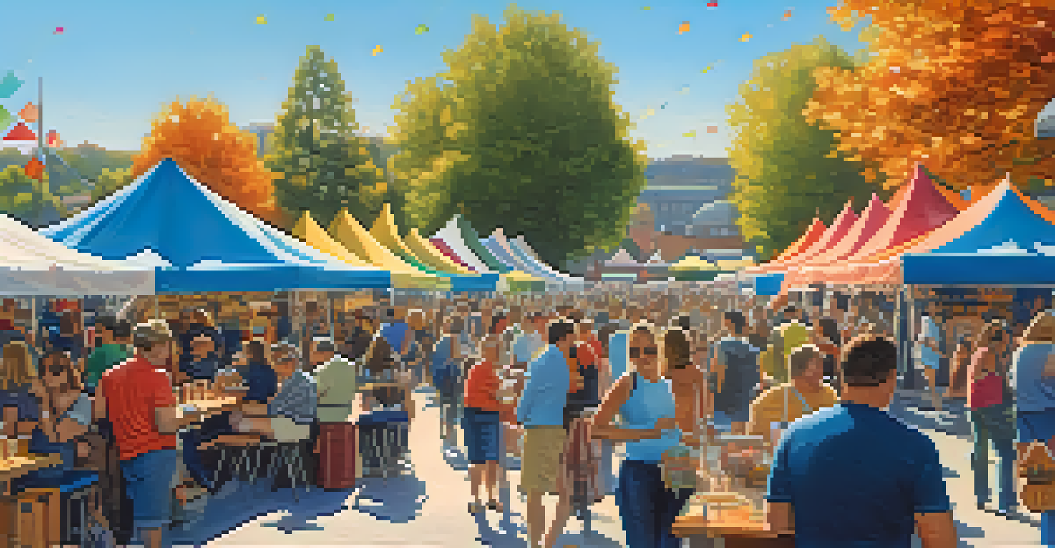 A lively beer festival with colorful tents, people enjoying craft beers, and food stalls under a blue sky.