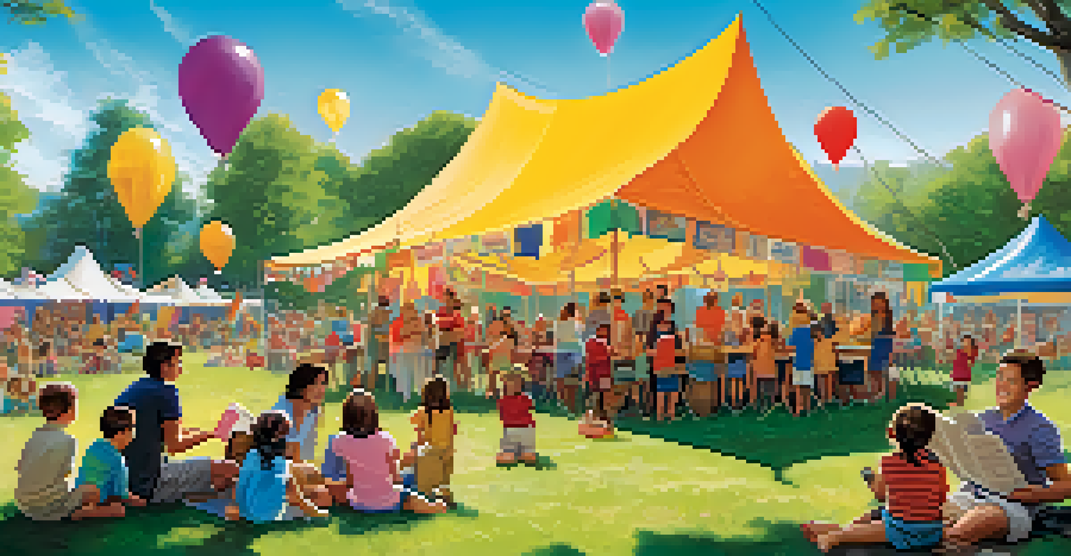A family-friendly festival with children listening to a storytelling session in a park.