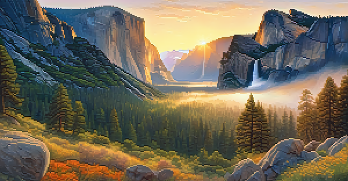 A stunning sunrise view of Yosemite National Park featuring granite cliffs, waterfalls, and colorful flowers.
