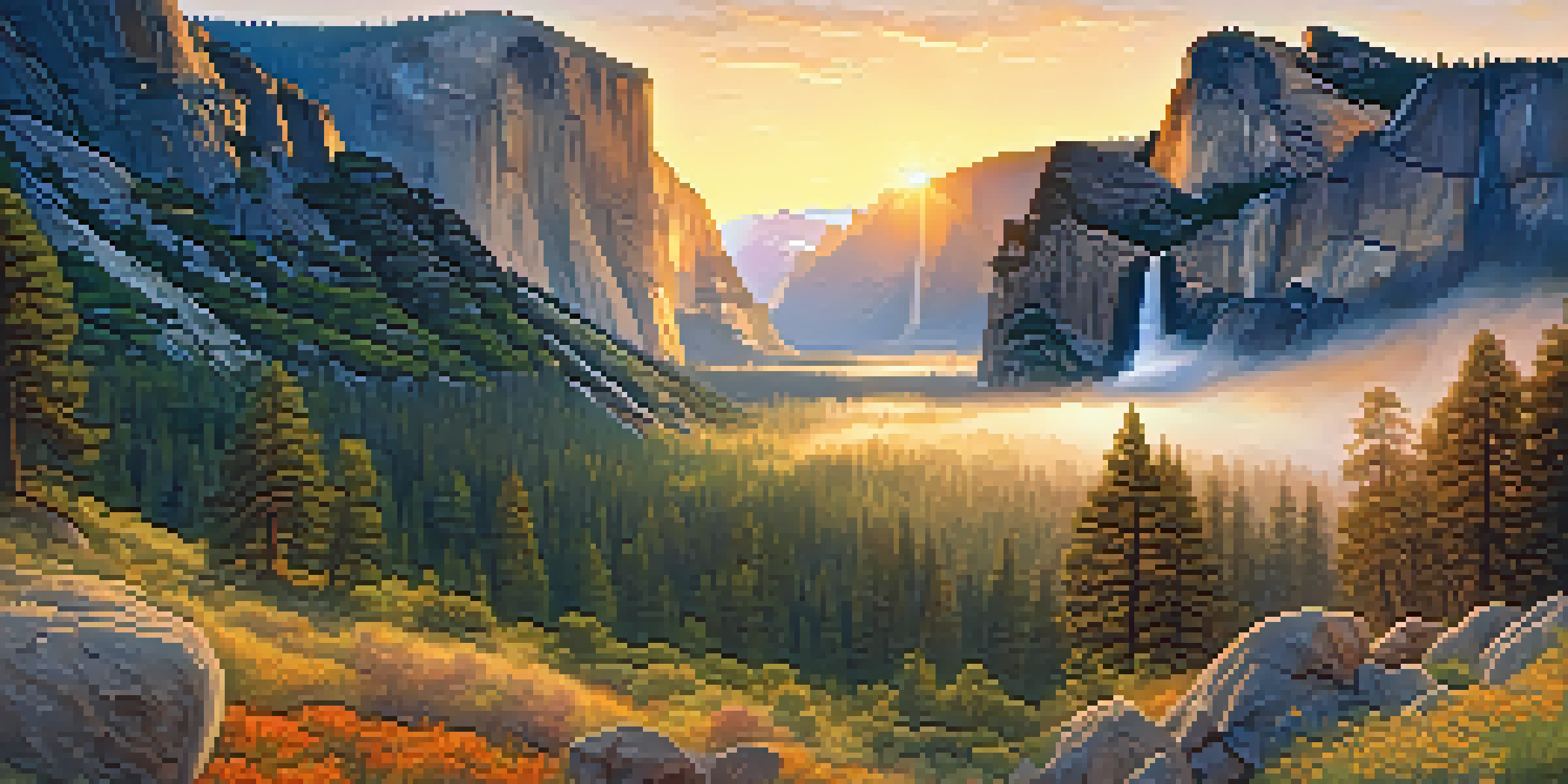 A stunning sunrise view of Yosemite National Park featuring granite cliffs, waterfalls, and colorful flowers.