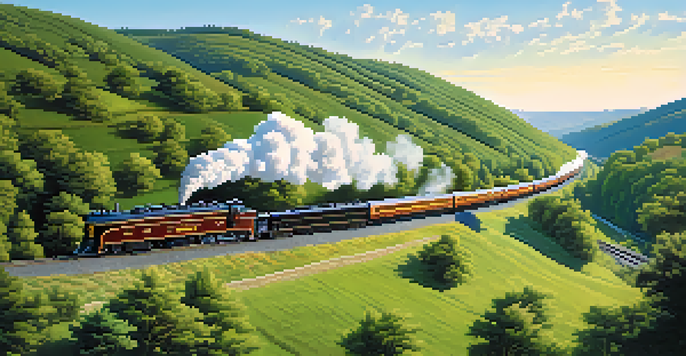 A vintage Pennsylvania Railroad train moving through a scenic countryside with rolling hills and greenery under a blue sky.