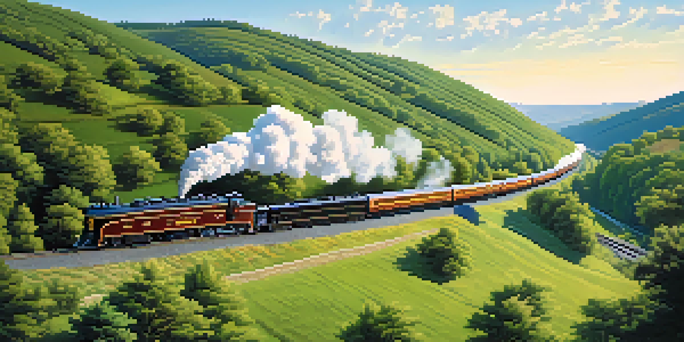 A vintage Pennsylvania Railroad train moving through a scenic countryside with rolling hills and greenery under a blue sky.