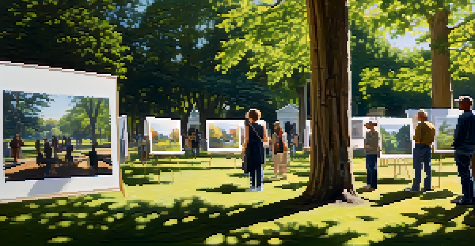 An outdoor exhibition in a park with photographs on easels and visitors interacting with the art.