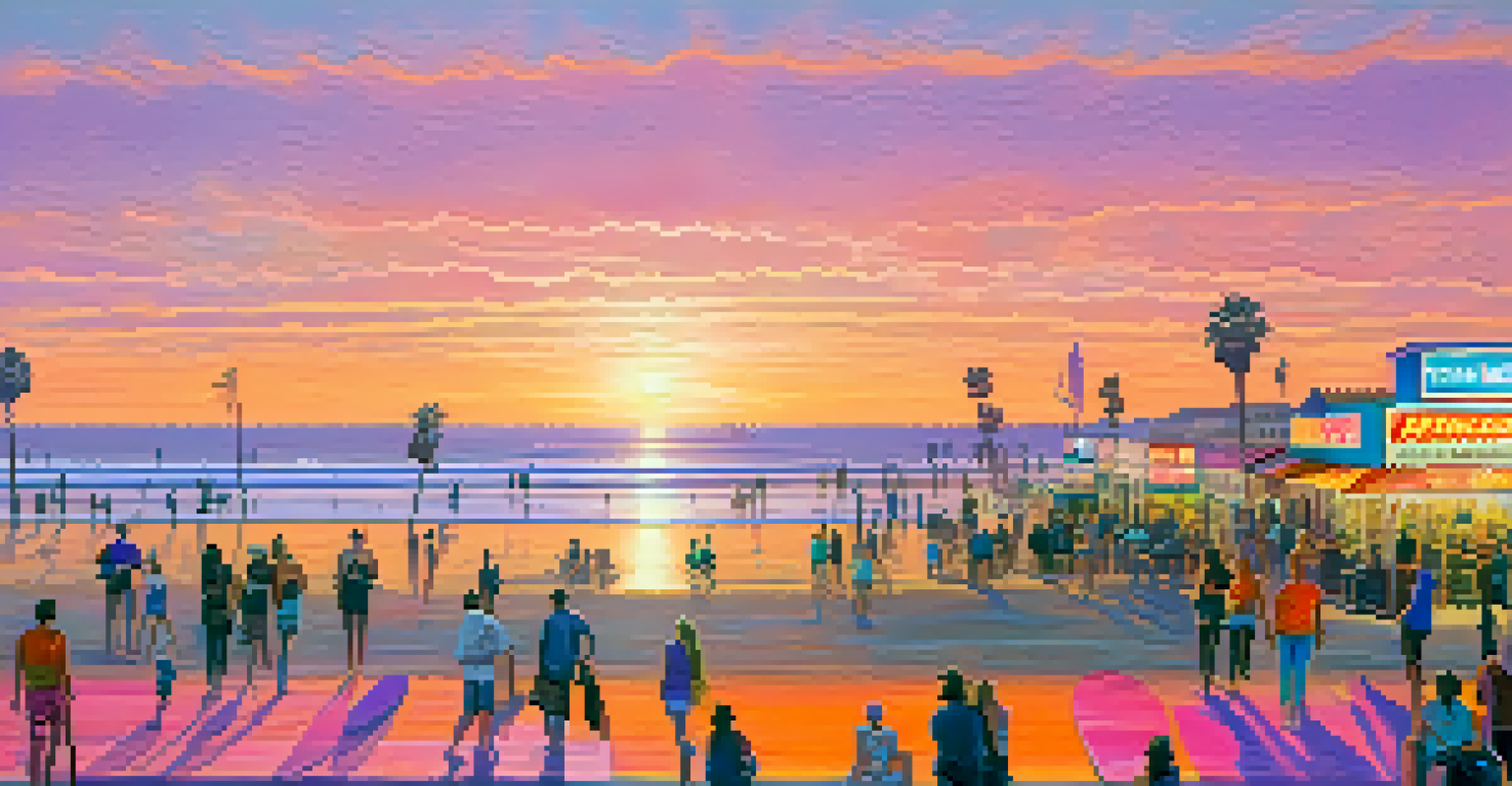 A stunning sunset at Venice Beach with vibrant colors, surfers, and people along the boardwalk.