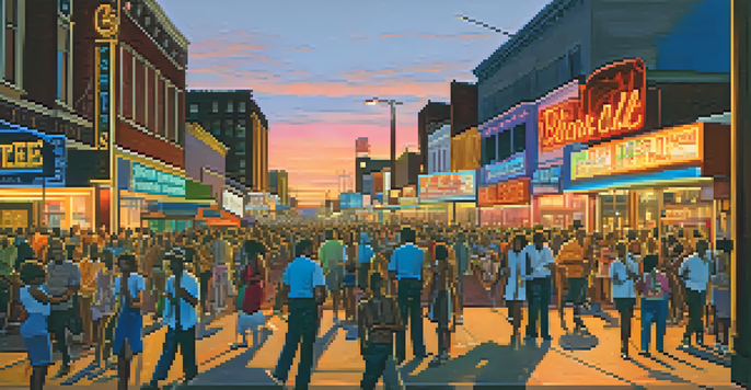 A bustling Beale Street in Memphis with musicians performing and bright neon lights illuminating the lively crowd.