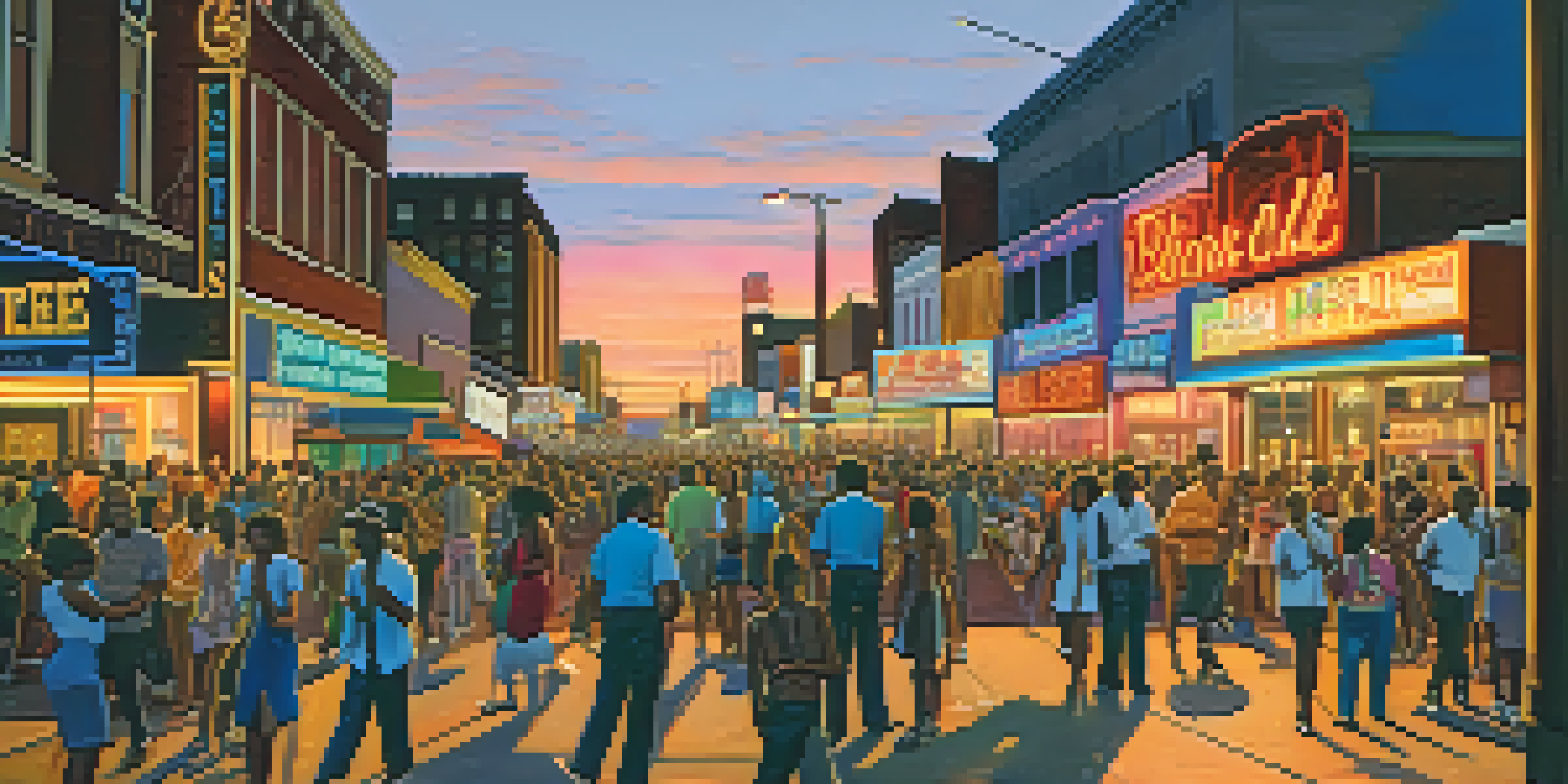 A bustling Beale Street in Memphis with musicians performing and bright neon lights illuminating the lively crowd.