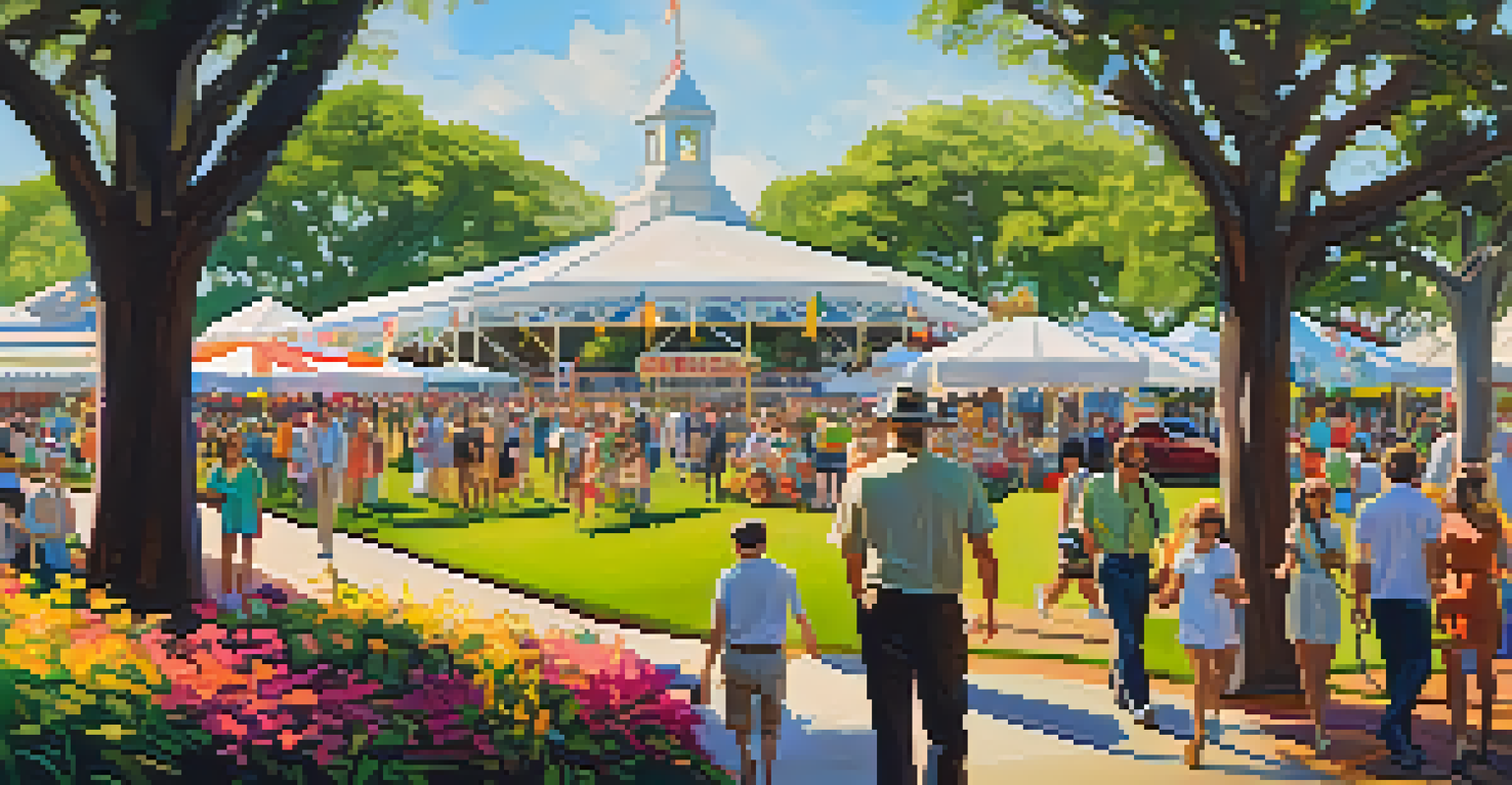 A beautiful view of the Fair Grounds Race Course in New Orleans during Jazz Fest, surrounded by green trees and vibrant flowers.