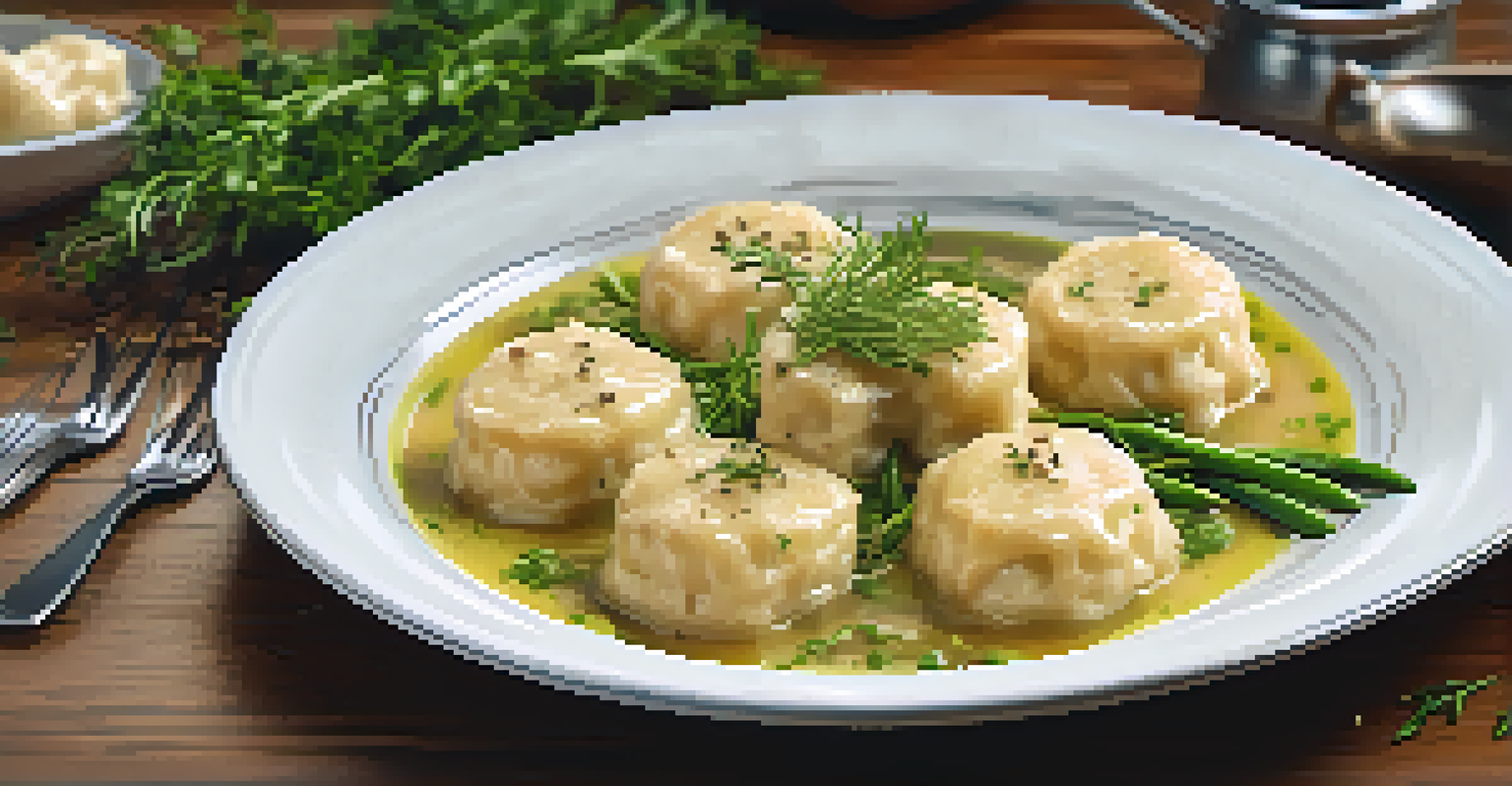 A gourmet chicken and dumplings dish with truffle oil, elegantly plated with herbs, set against a rustic kitchen background.