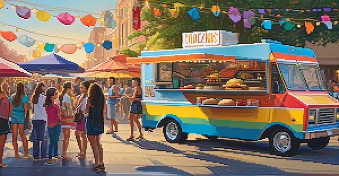 A lively street festival with a colorful food truck serving various dishes, surrounded by people enjoying their meals under string lights during sunset.