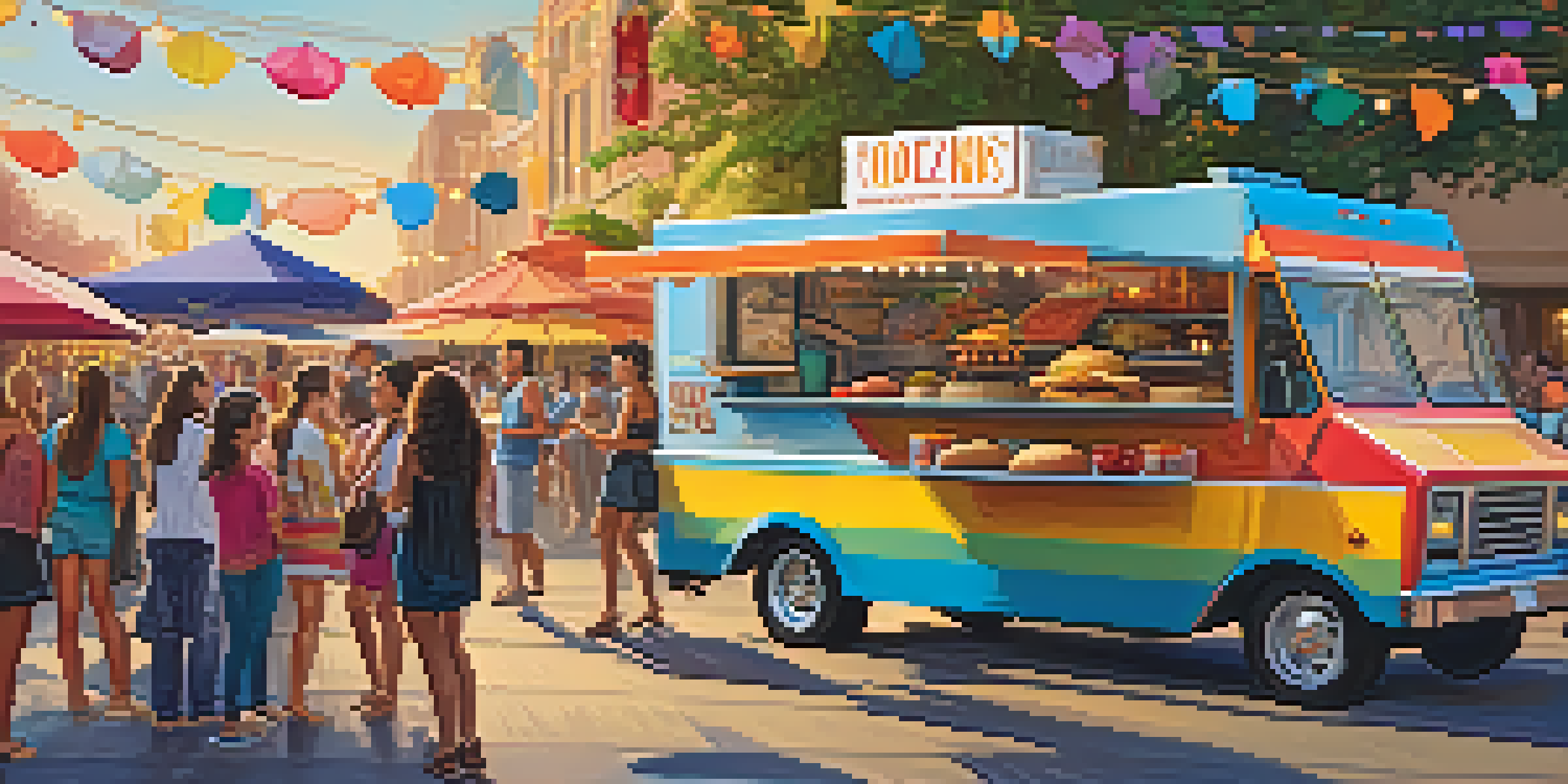 A lively street festival with a colorful food truck serving various dishes, surrounded by people enjoying their meals under string lights during sunset.