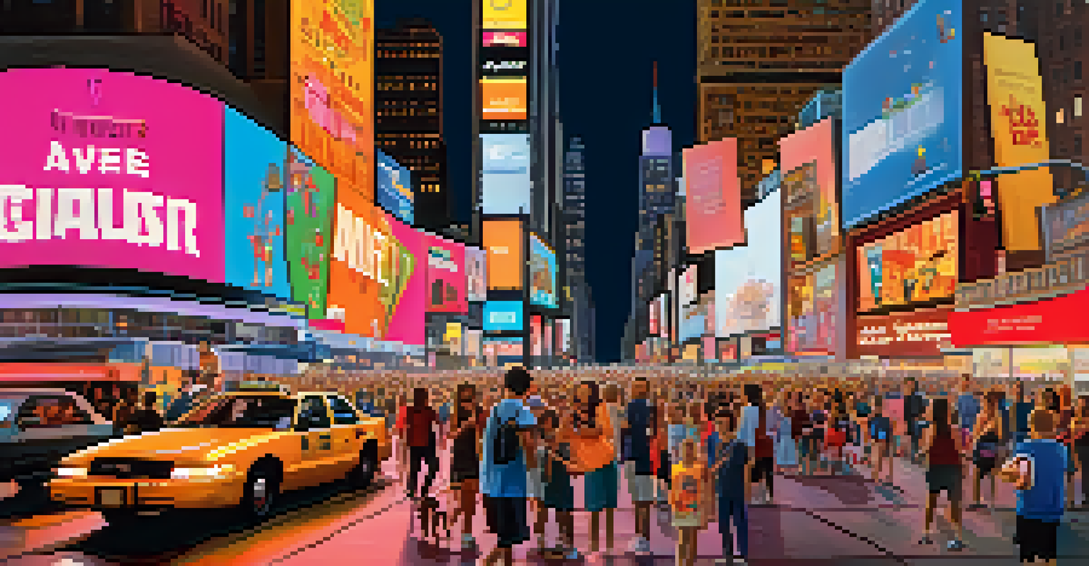 A lively view of Times Square with bright lights, families enjoying street performances, and children with souvenirs.