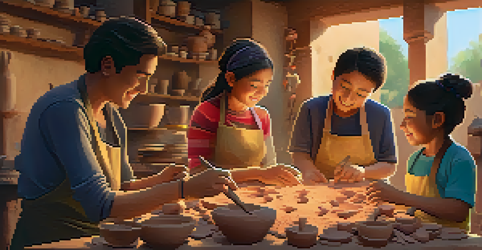 A family enjoying a pottery-making workshop at a festival, surrounded by colorful clay and artistic tools.