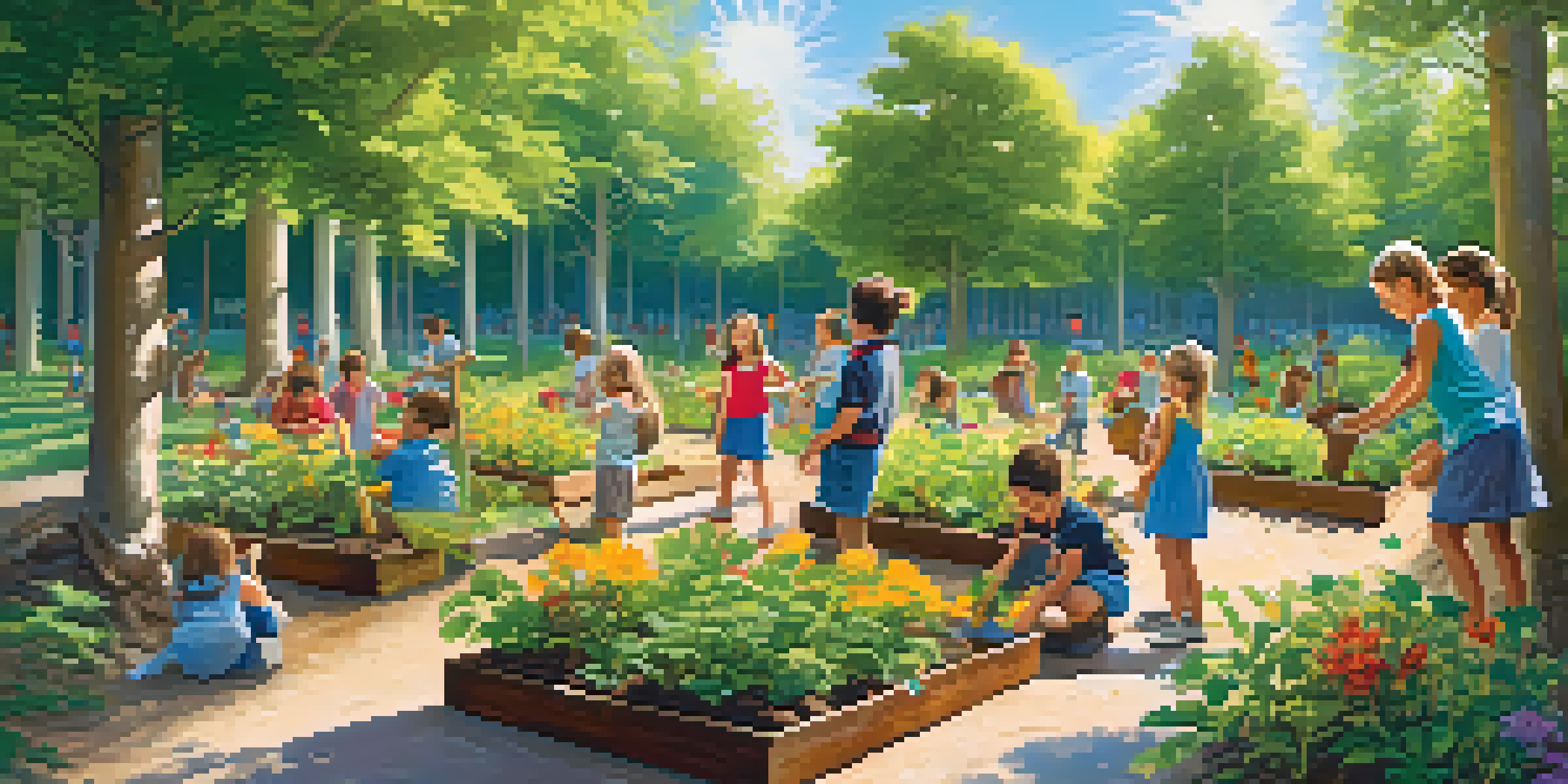 Children participating in outdoor education, planting trees and observing wildlife in a sunny forest.