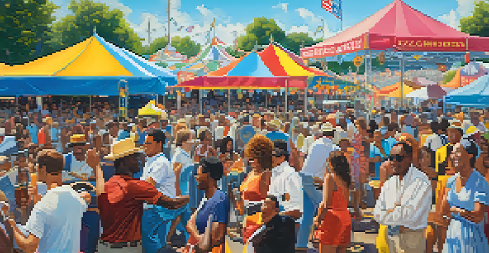 A lively crowd at the New Orleans Jazz Fest enjoying live music, with musicians on stage and colorful tents in the background.