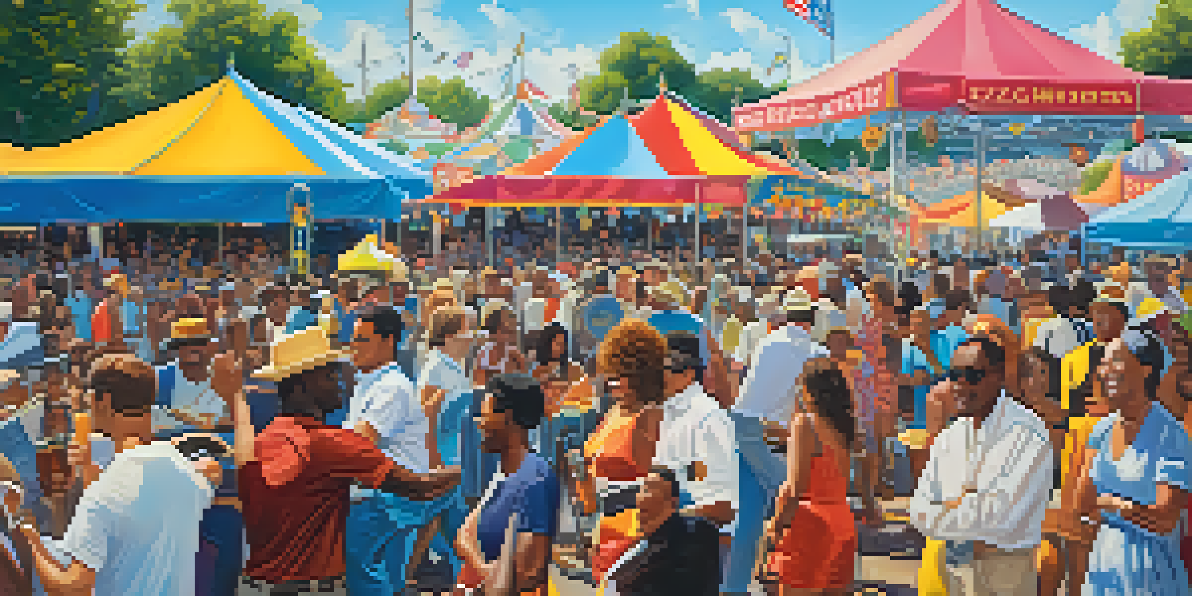 A lively crowd at the New Orleans Jazz Fest enjoying live music, with musicians on stage and colorful tents in the background.