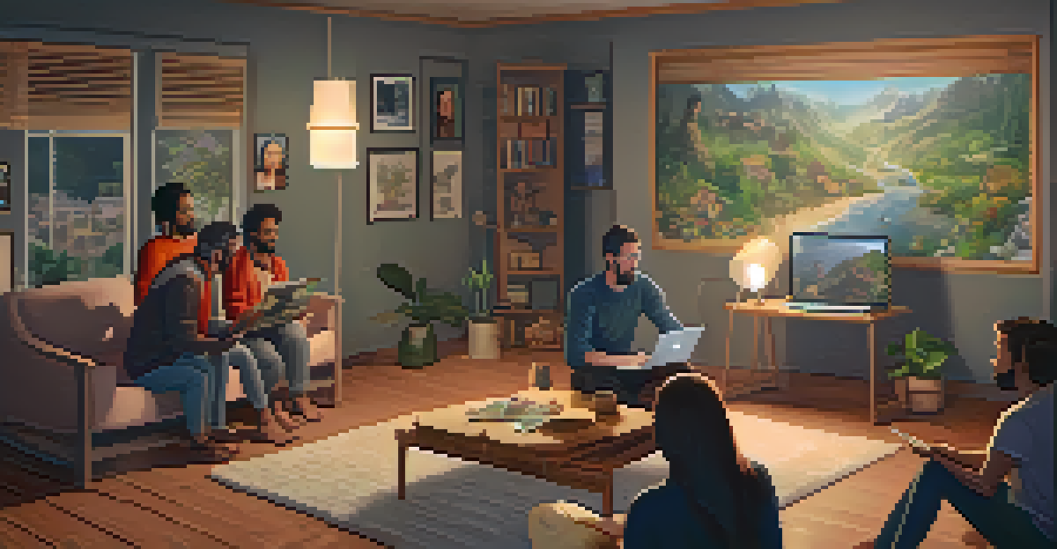 A storyteller narrating a local legend on a laptop screen, with a diverse virtual audience watching from their homes.