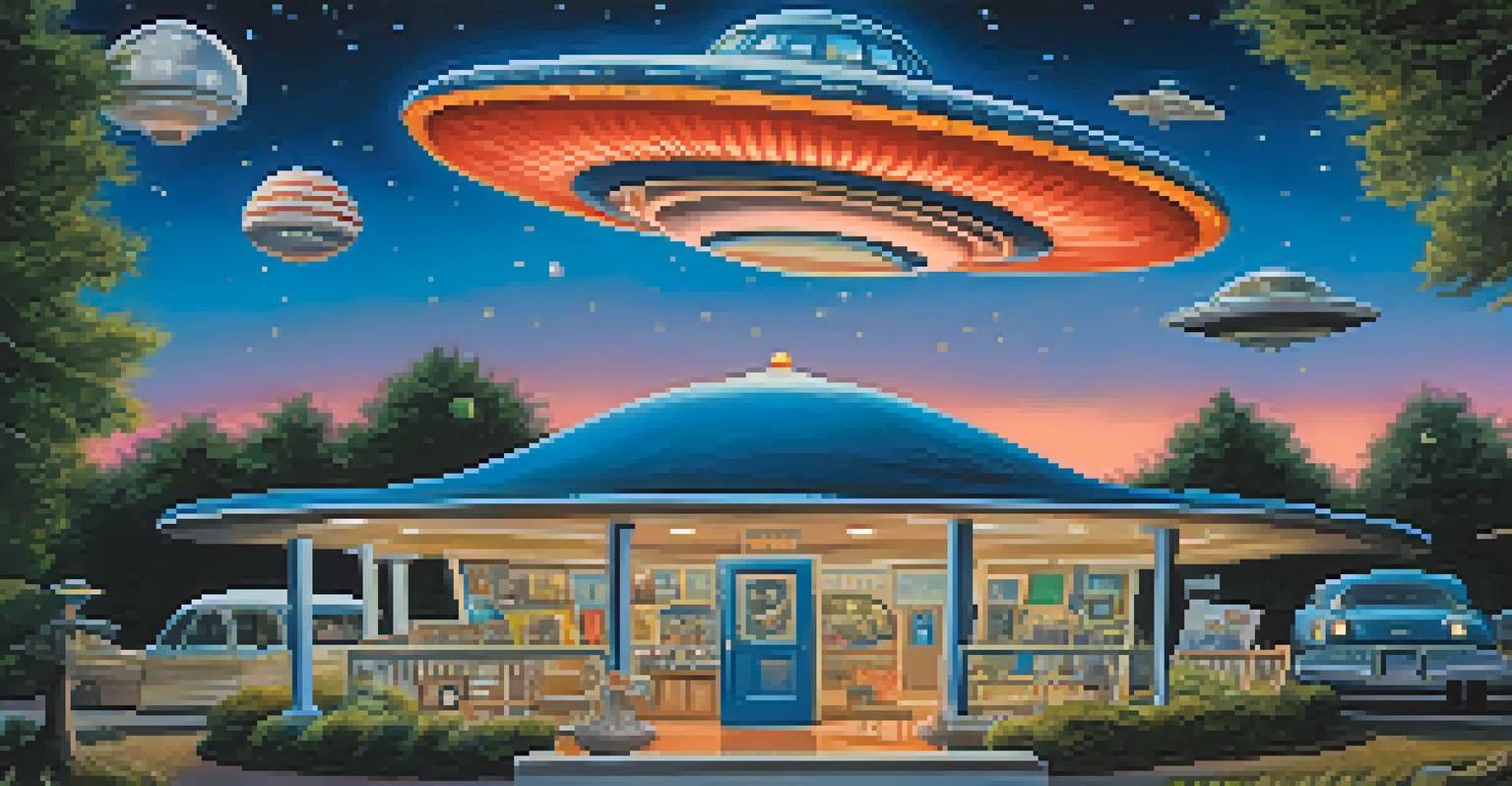 A flying saucer-shaped building surrounded by alien decorations under a starry twilight sky.