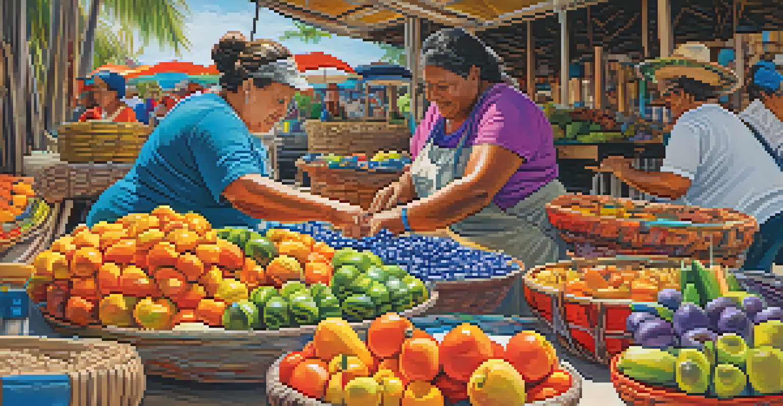 A local artisan creating handmade crafts at a market in the Everglades, surrounded by colorful goods and produce.