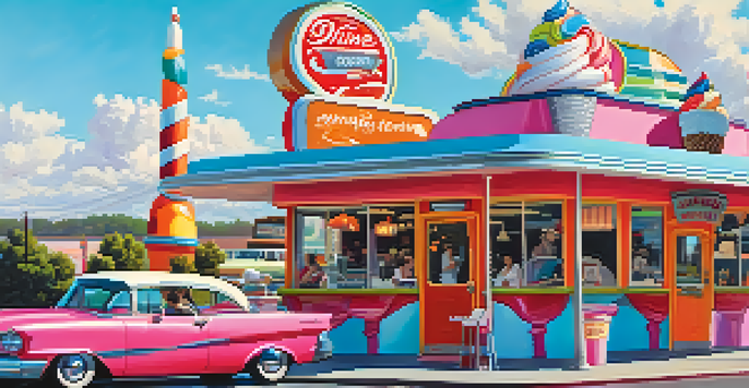 A giant ice cream cone in front of a colorful diner, with tourists taking photos and a bright blue sky.