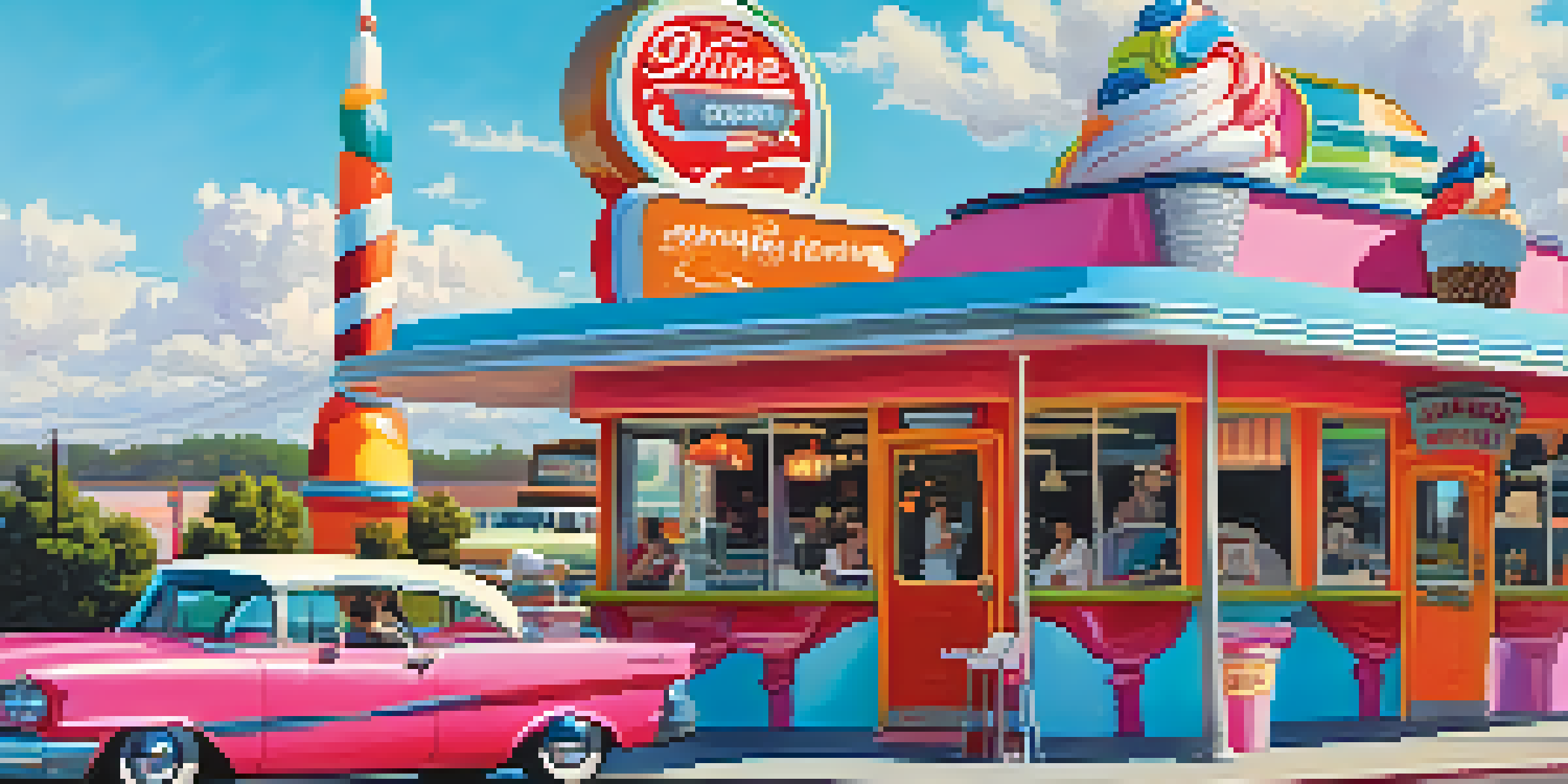 A giant ice cream cone in front of a colorful diner, with tourists taking photos and a bright blue sky.