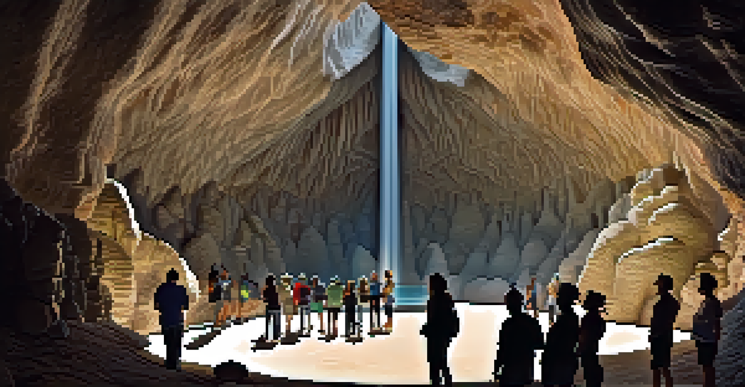 The Big Room in Carlsbad Caverns with natural rock formations and tourists listening to a guide, illuminated by dramatic lighting.