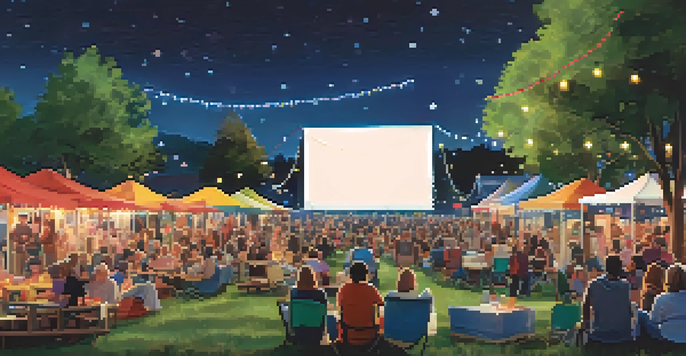 An outdoor film festival with a large screen and a diverse audience sitting on blankets, colorful lights above, and food trucks in the background.