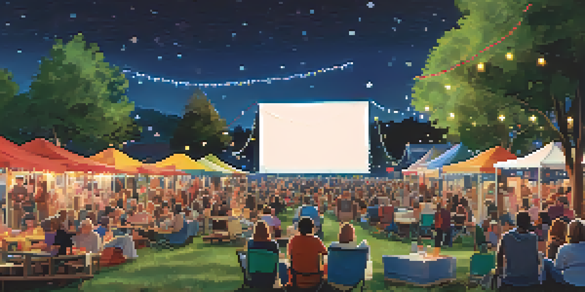 An outdoor film festival with a large screen and a diverse audience sitting on blankets, colorful lights above, and food trucks in the background.