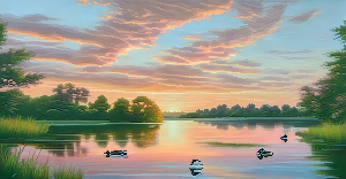 A peaceful lakeside trail during sunset, with rippling water and ducks, surrounded by lush greenery.