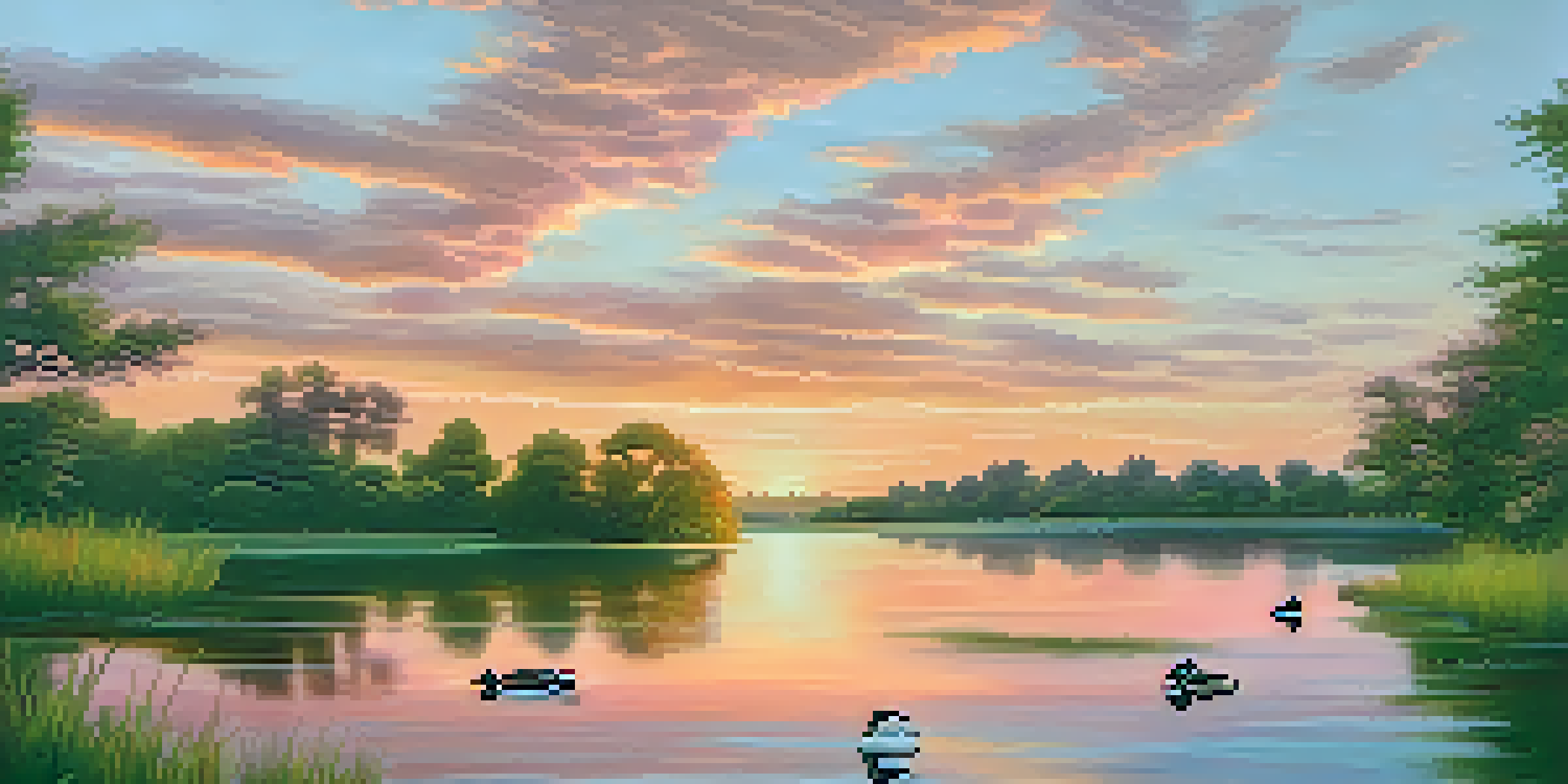 A peaceful lakeside trail during sunset, with rippling water and ducks, surrounded by lush greenery.