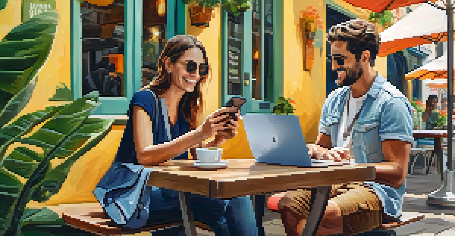A traveler at a café sharing their lost item experience on social media, looking positive and relaxed.