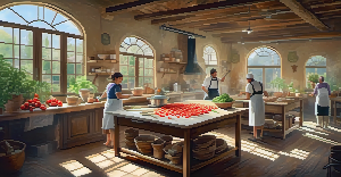 A lively Italian cooking class with participants making pasta in a rustic kitchen, surrounded by fresh ingredients and sunlight.