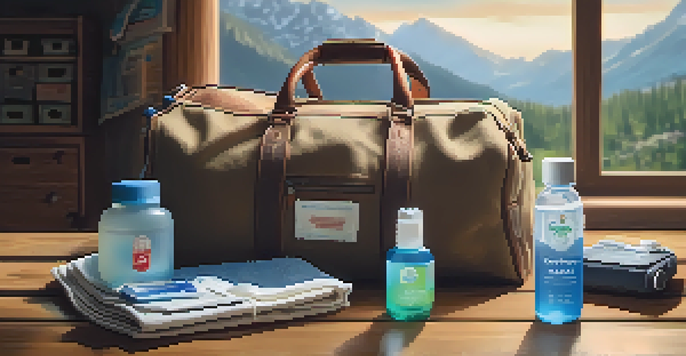 An open travel bag on a wooden table displaying organized travel essentials such as a first-aid kit, hand sanitizer, and a reusable water bottle, with soft natural light highlighting the scene.