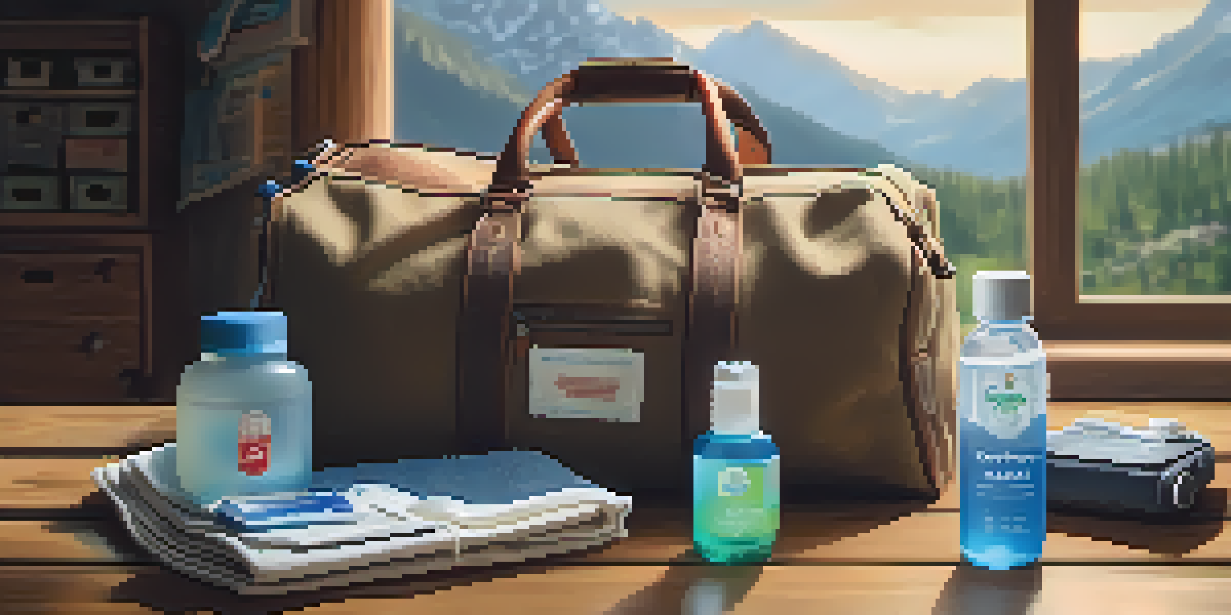 An open travel bag on a wooden table displaying organized travel essentials such as a first-aid kit, hand sanitizer, and a reusable water bottle, with soft natural light highlighting the scene.