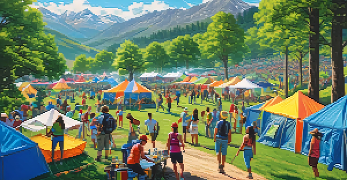 A lively outdoor festival with volunteers setting up tents, surrounded by green hills and festival-goers engaging in outdoor activities.