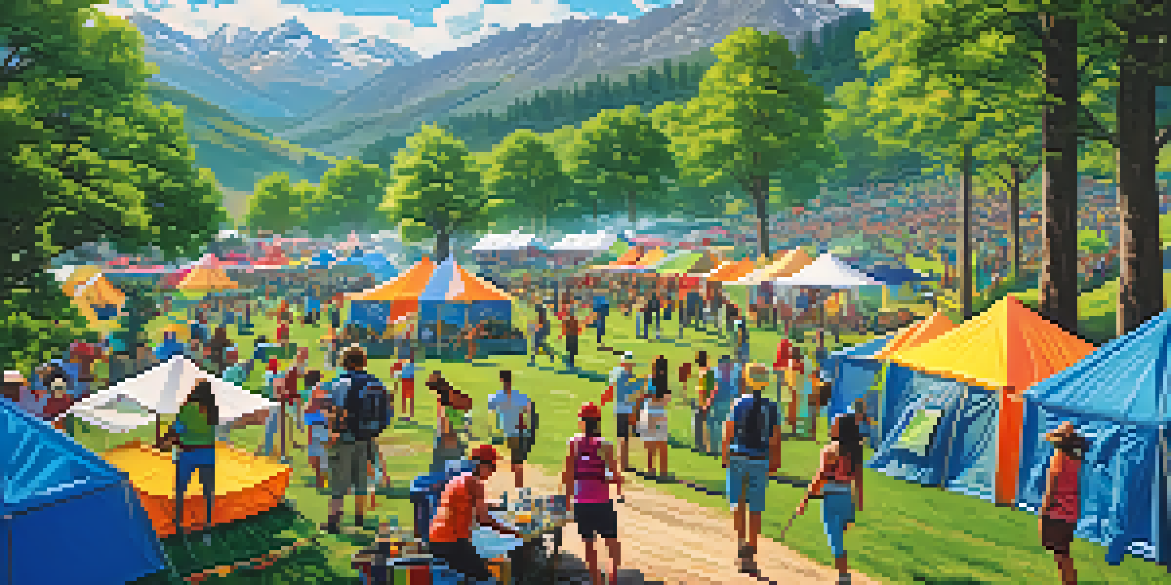 A lively outdoor festival with volunteers setting up tents, surrounded by green hills and festival-goers engaging in outdoor activities.