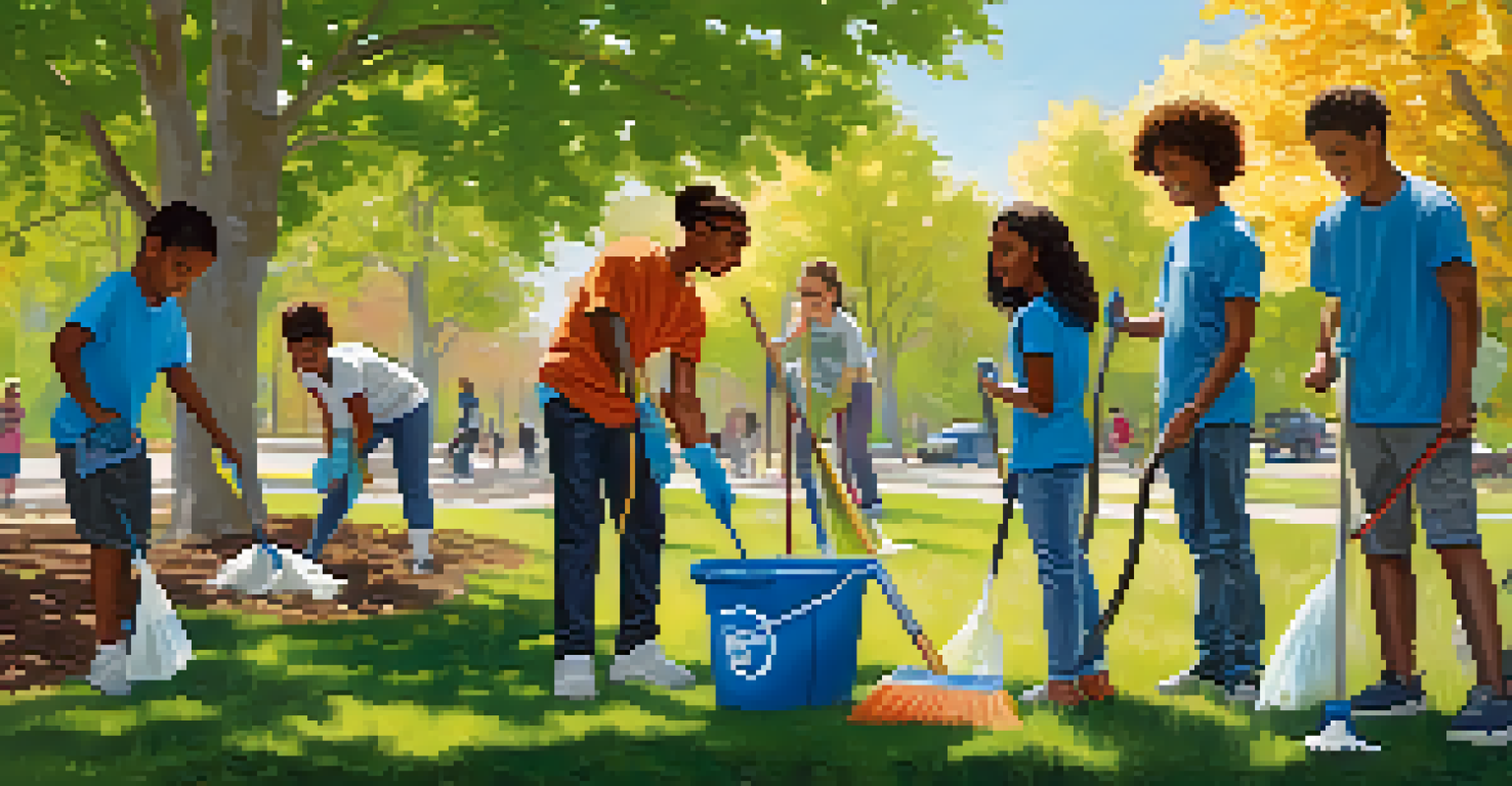 Students collaborating to clean up a park, showcasing teamwork and environmental stewardship.