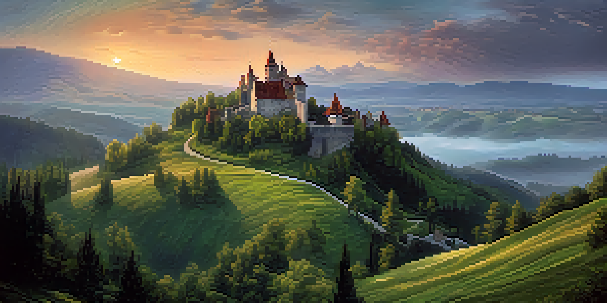 A scenic view of Transylvania with a medieval castle, rolling hills, and a sunset sky.