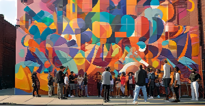 A colorful mural on a brick wall in Bushwick, Brooklyn, with people admiring the artwork in the evening light.