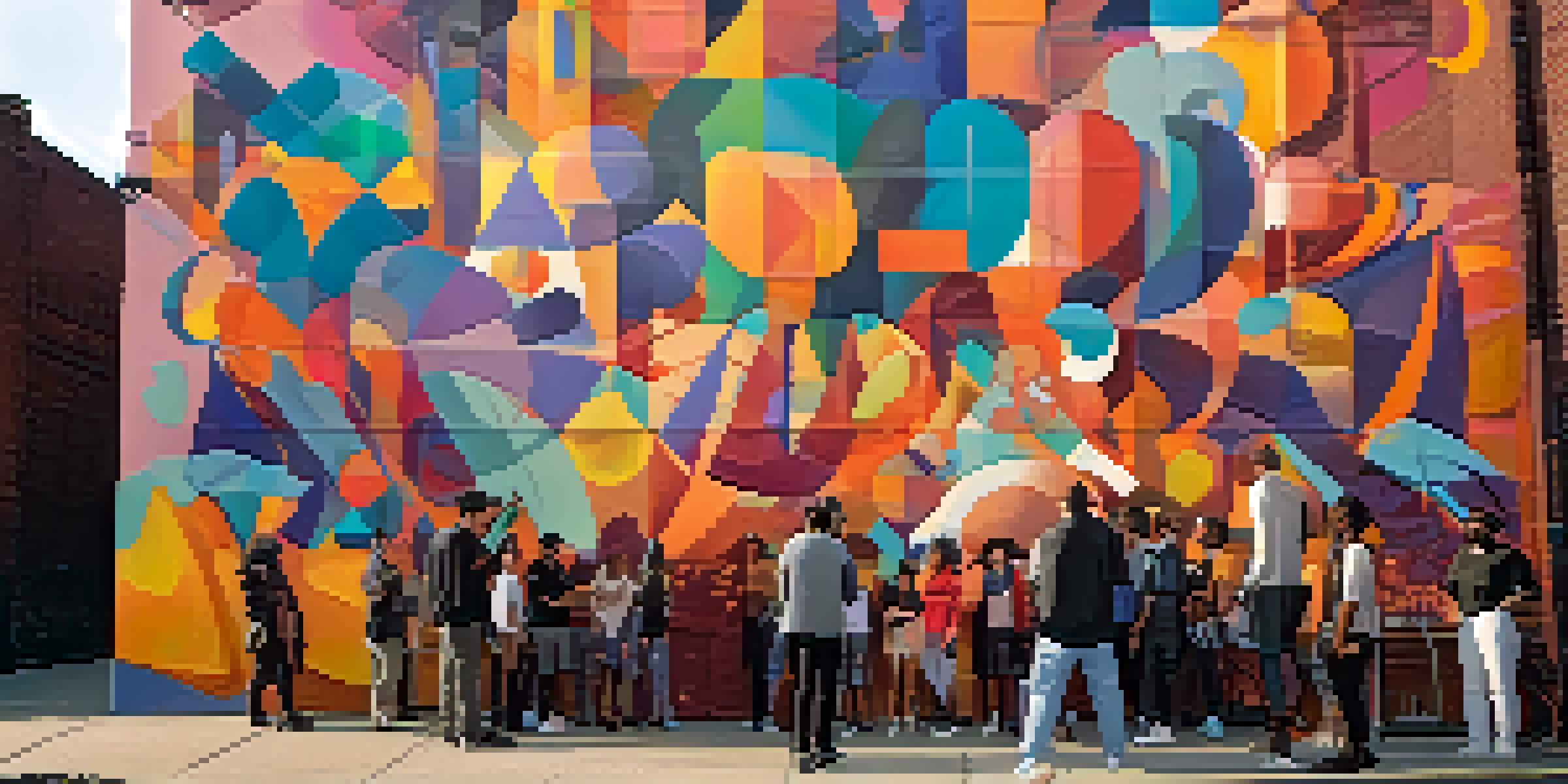 A colorful mural on a brick wall in Bushwick, Brooklyn, with people admiring the artwork in the evening light.