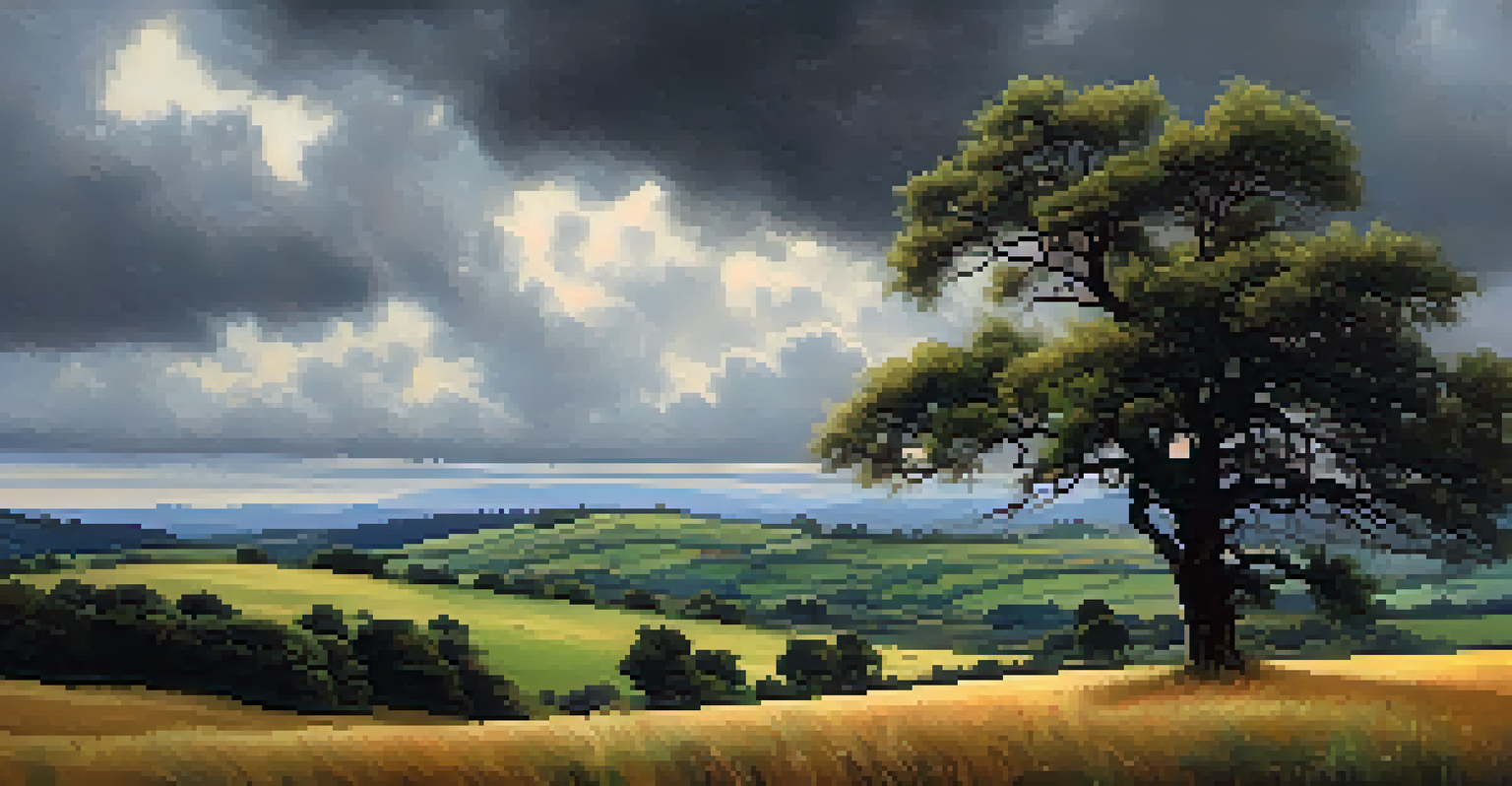A dramatic rural landscape with rolling hills and a lone tree under a dark, cloudy sky, featuring wildflowers in the foreground.