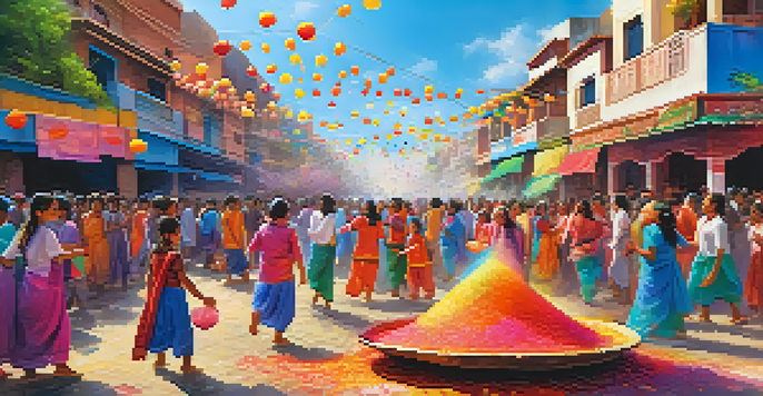 A lively street scene depicting people celebrating Holi by throwing colorful powders, with bright decorations in the background and joyful expressions all around.
