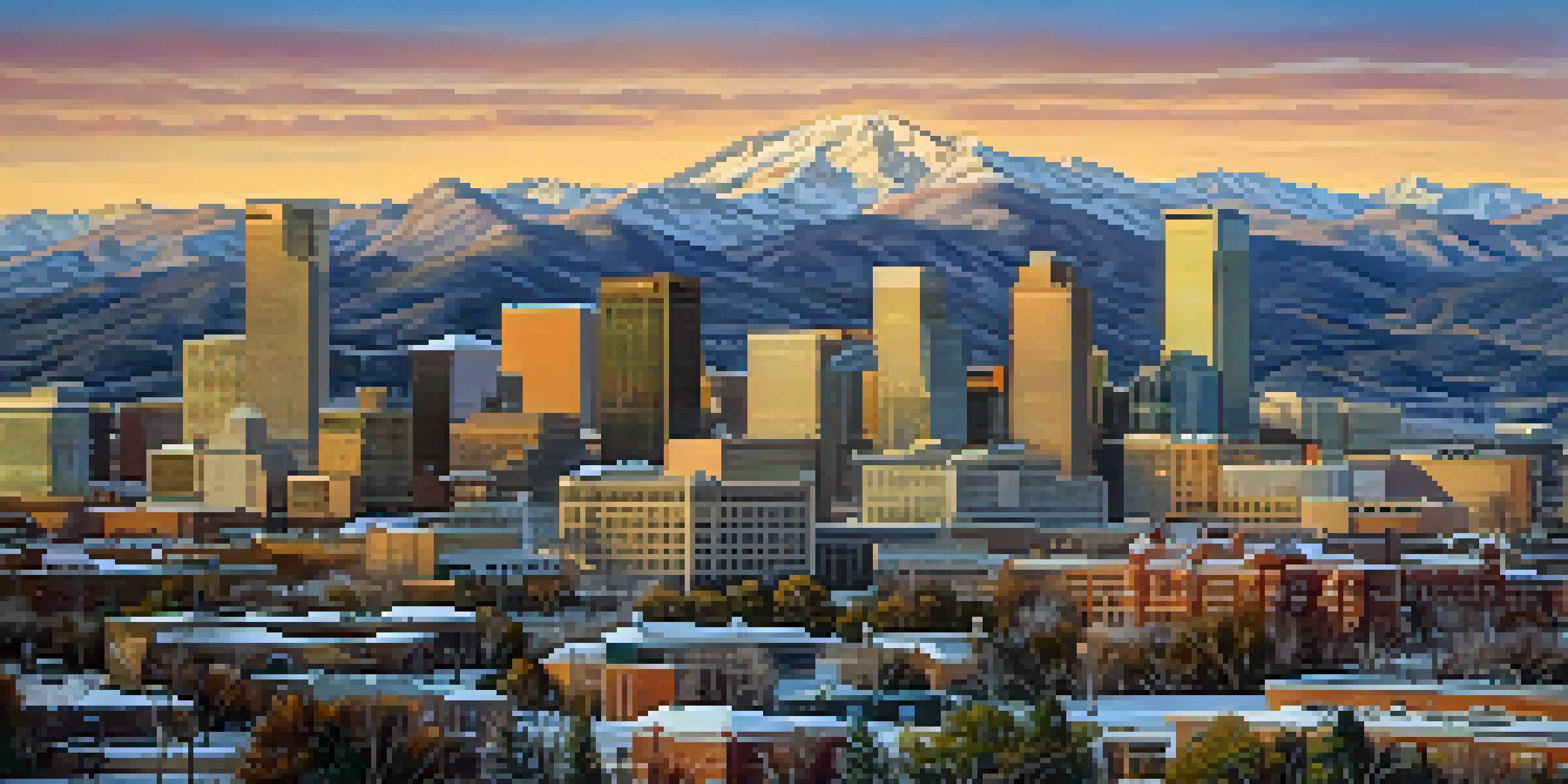 Aerial view of Denver, Colorado, with the city skyline and Rocky Mountains in the background during sunset.