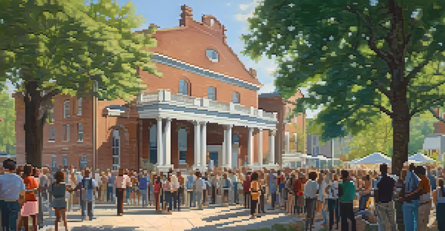 A diverse community gathering in front of a historic building, engaged in discussions about preservation.