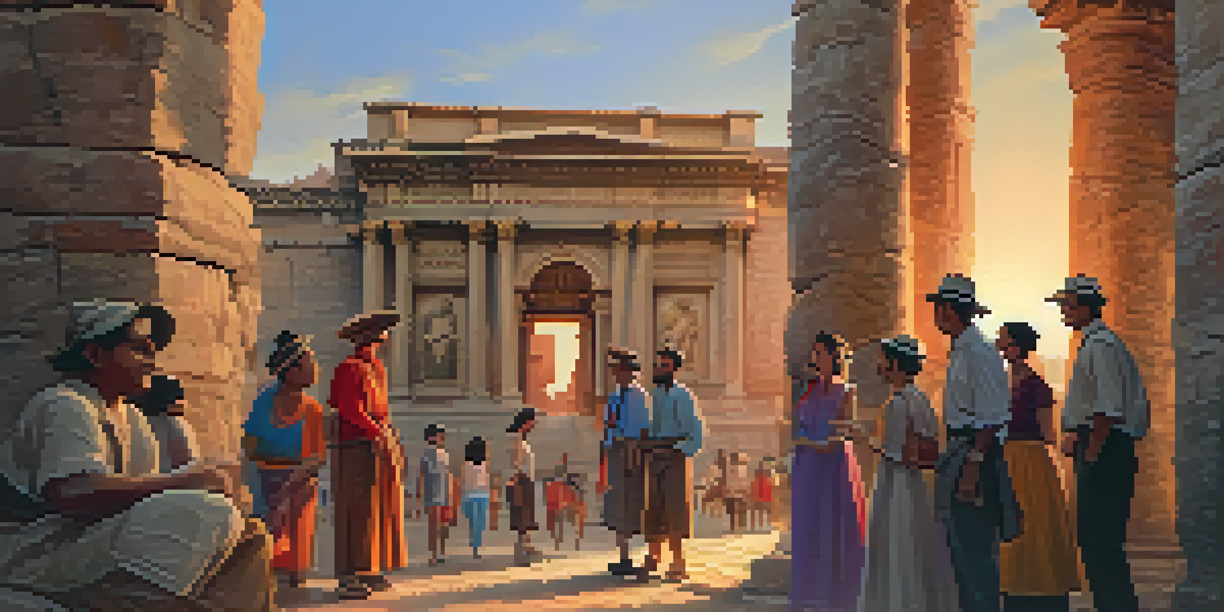 A tour guide shares local legends with tourists at a historic site during sunset, with warm lighting and vibrant colors.