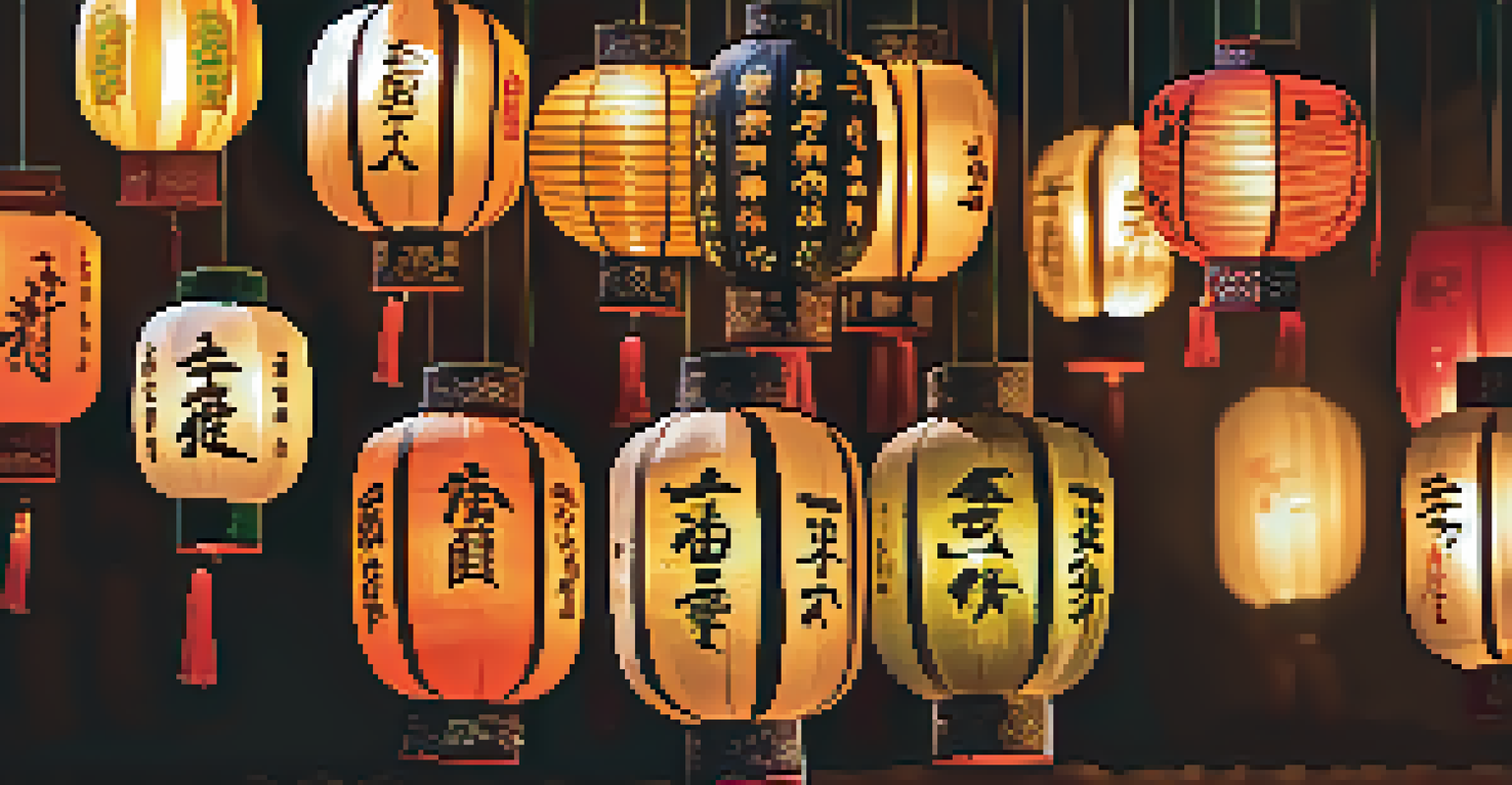 A close-up view of traditional lanterns with intricate designs, glowing softly in the dark.