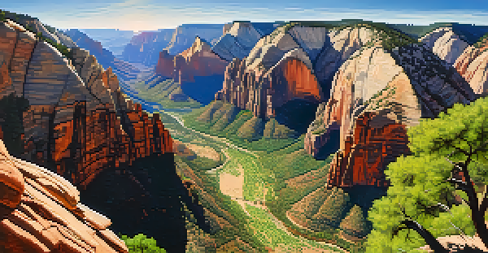 A breathtaking panoramic view of Zion National Park from Angels Landing, featuring steep sandstone cliffs and a clear blue sky with hikers on the trail.